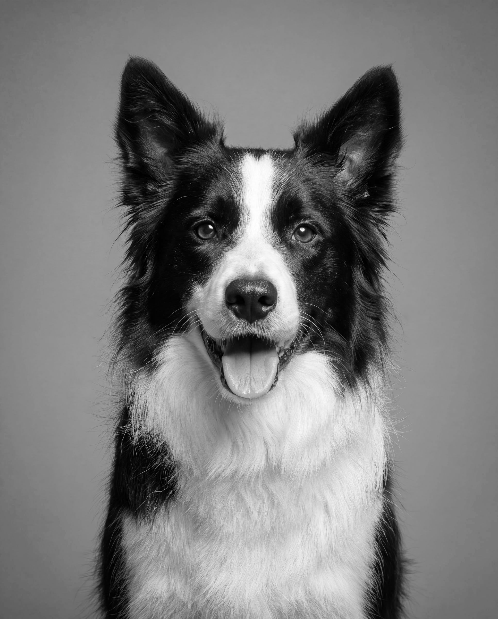 Uśmiechnięty czarno-biały border collie z otwartym pyskiem patrzy w obiektyw, portret w turkusowym duotonie